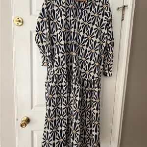 Printed Floral Geometric Midi Dress - Navy & White